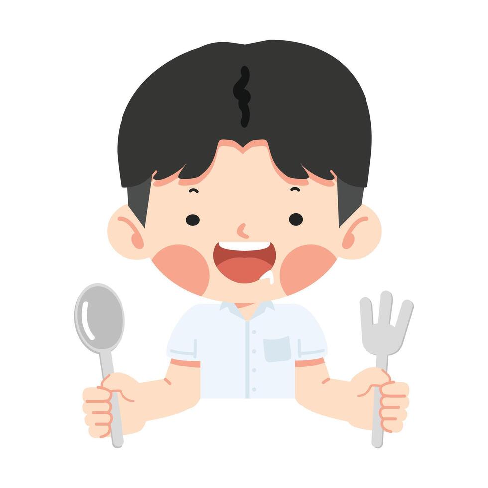 Kid boy hungry holding a fork and spoon vector