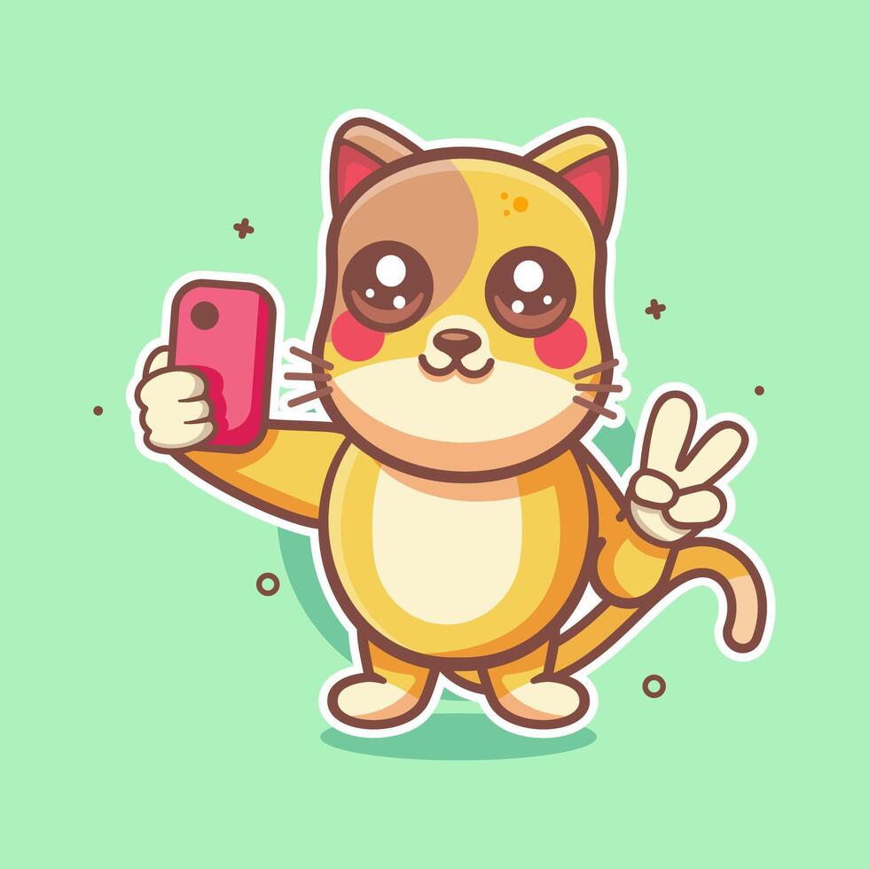 smiling cat character mascot taking a selfie with a smartphone isolated cartoon vector