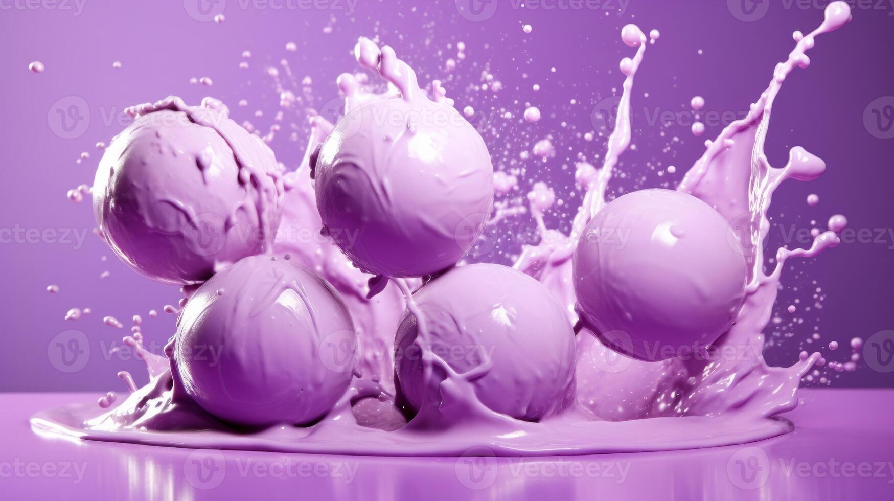 Purple ice cream balls in motion with splashes. Neural network photo