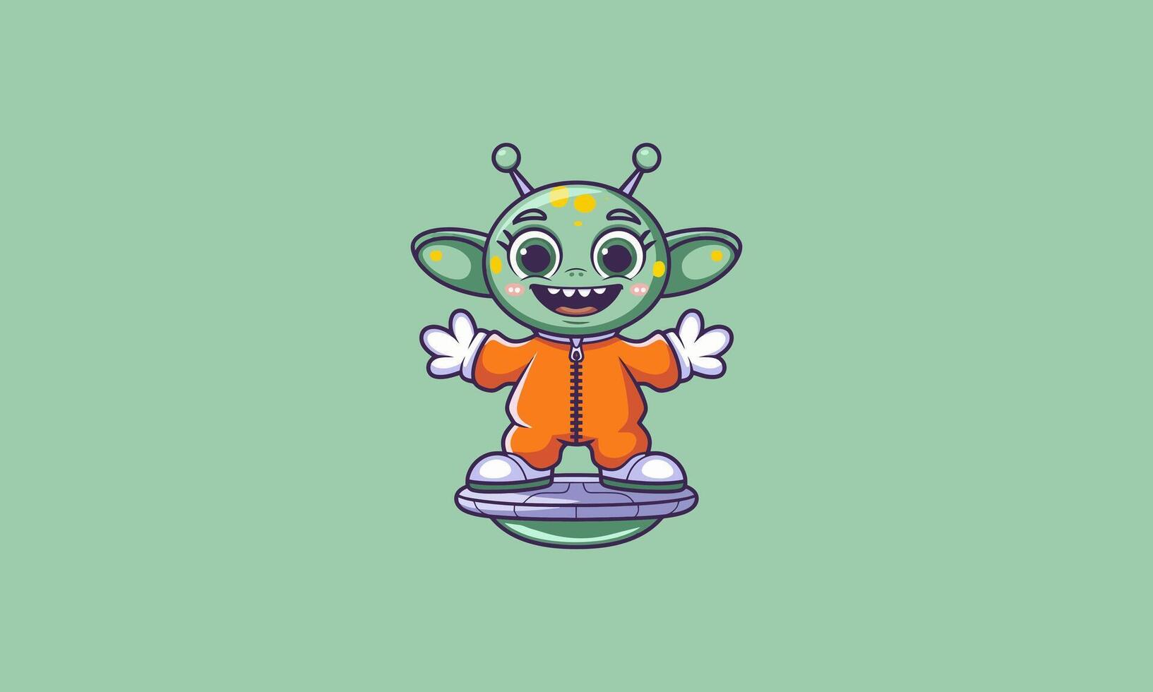 Cheerful alien in orange suit on a hoverboard smiling. vector