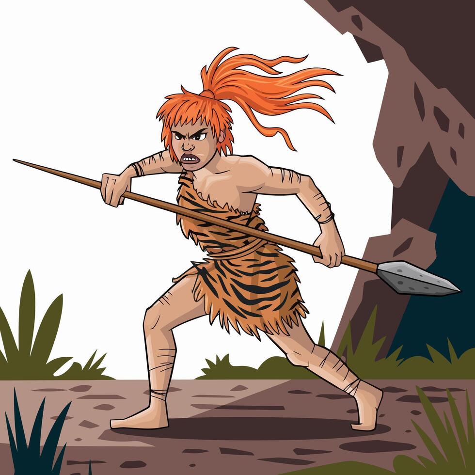 Prehistoric warrior holding spear in battle pose vector