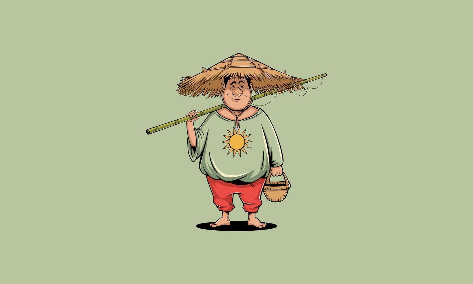 Happy farmer with straw hat and fishing rod vector
