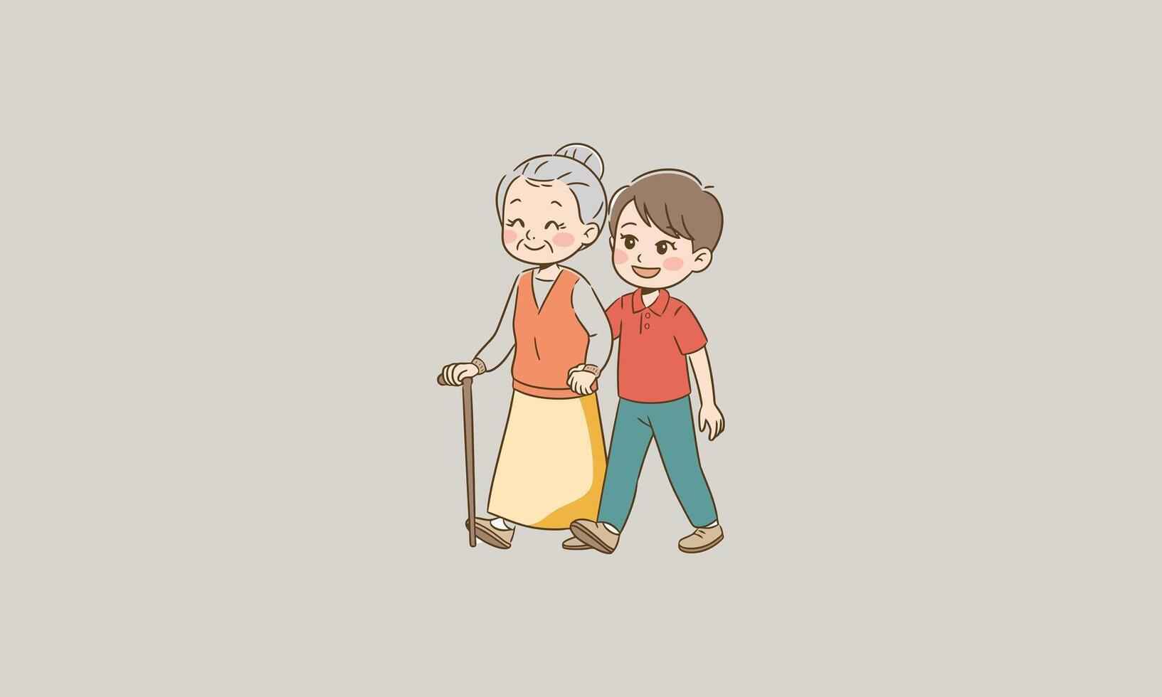 Grandchild helping grandmother walk with a cane vector
