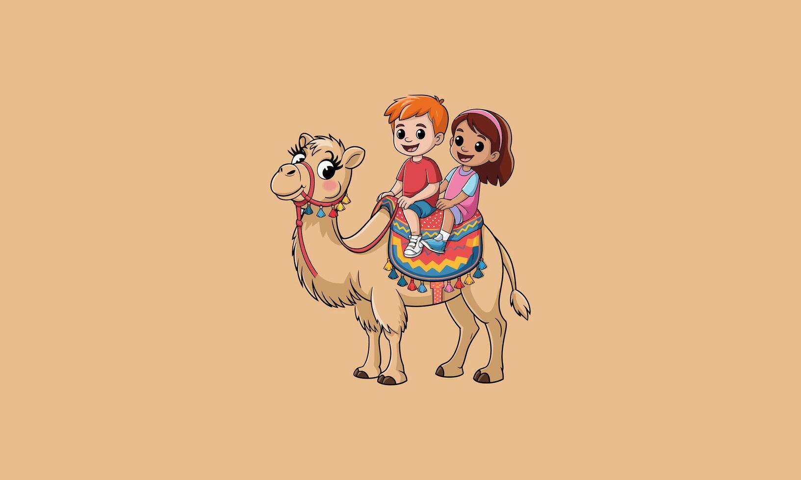 Kids enjoying a cheerful camel ride in colorful attire vector