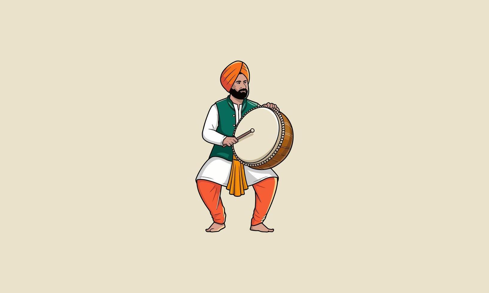 Punjabi drummer playing traditional dhol with energy vector