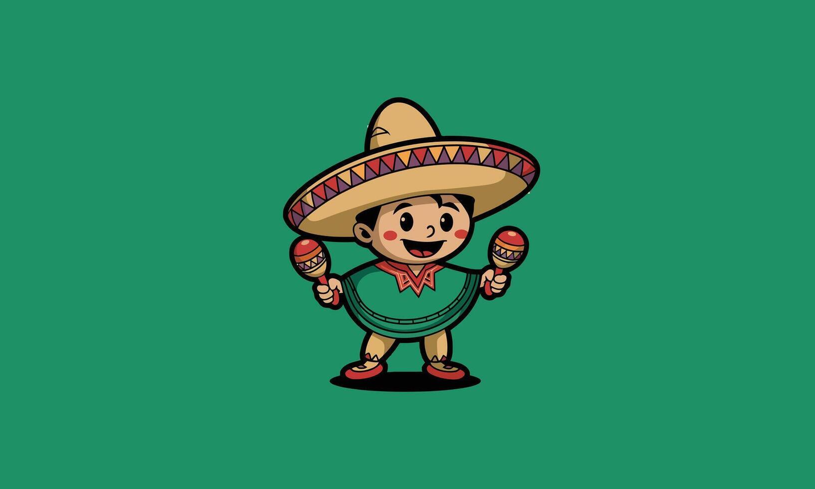 Smiling boy in sombrero with maracas on green background vector