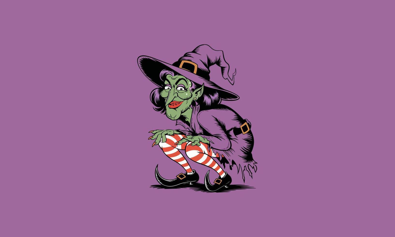 Cartoon witch with striped stockings, purple background vector