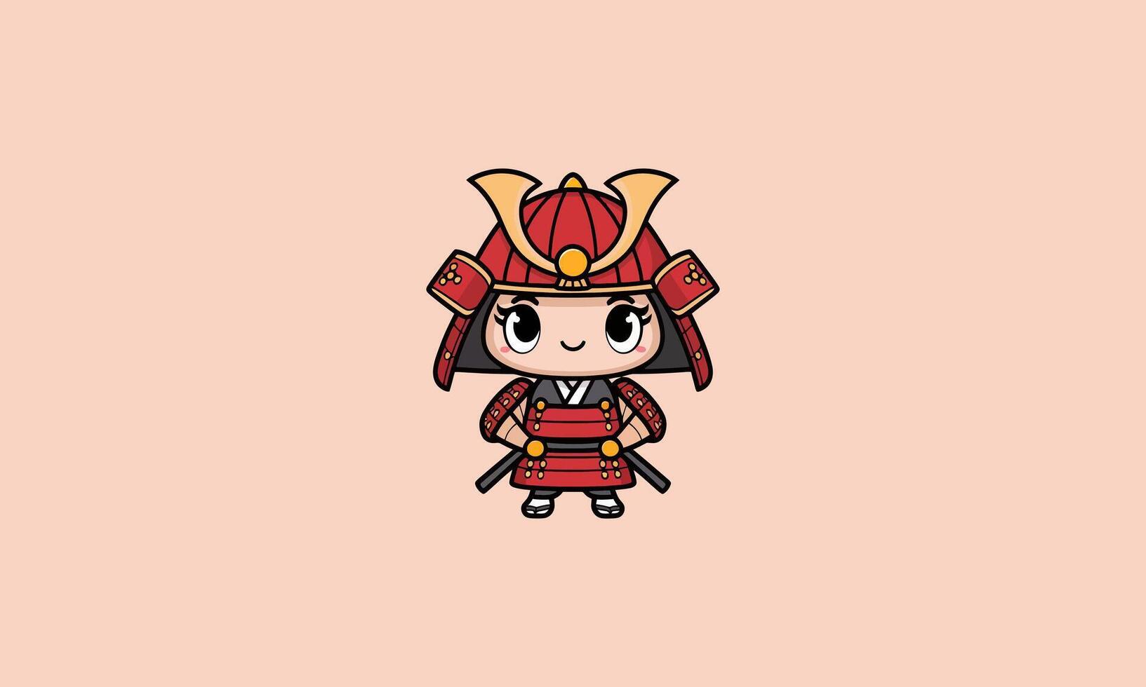Chibi samurai in red armor with swords on peach background vector