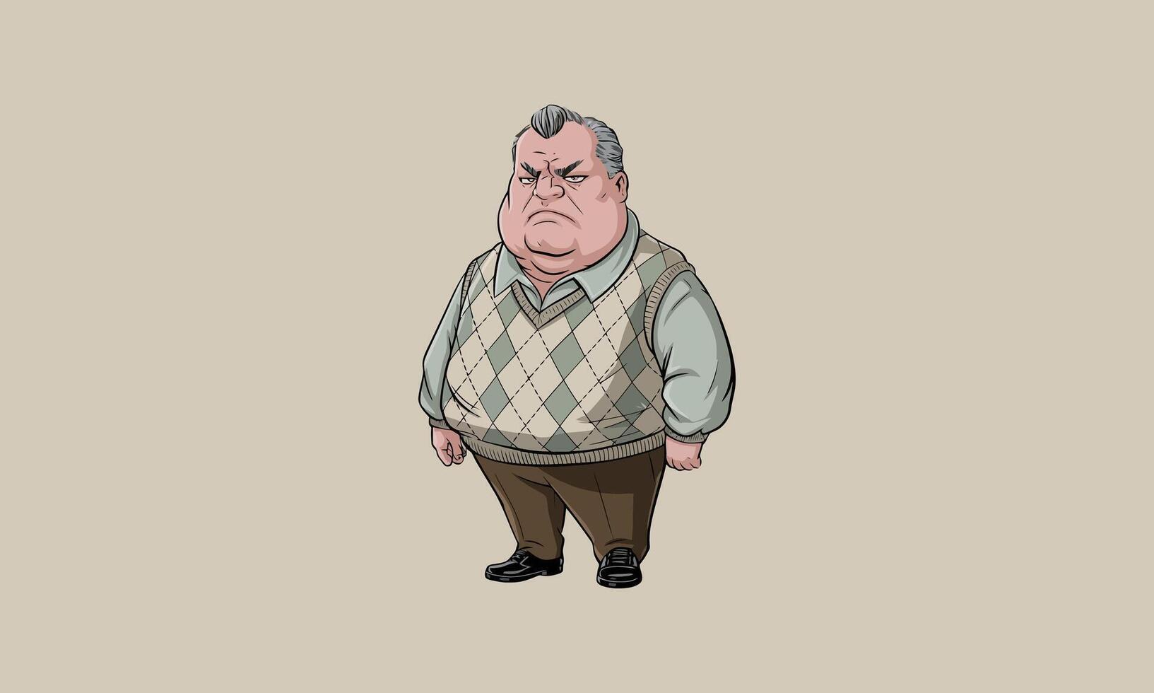 Grumpy old man with argyle vest and serious expression vector