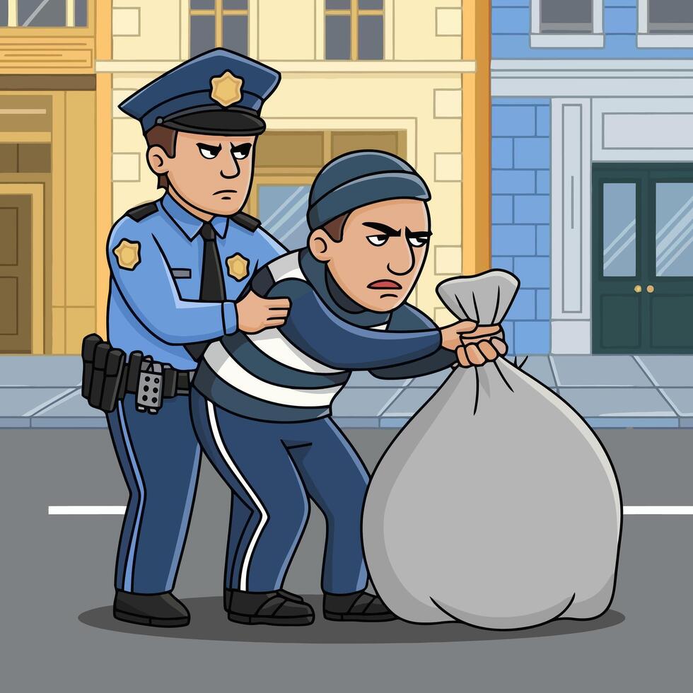 Police officer arresting a thief holding a sack of loot vector
