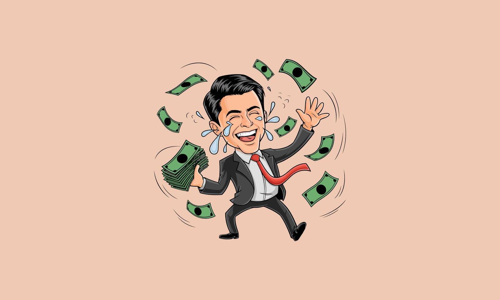 Happy businessman celebrating with stacks of money vector