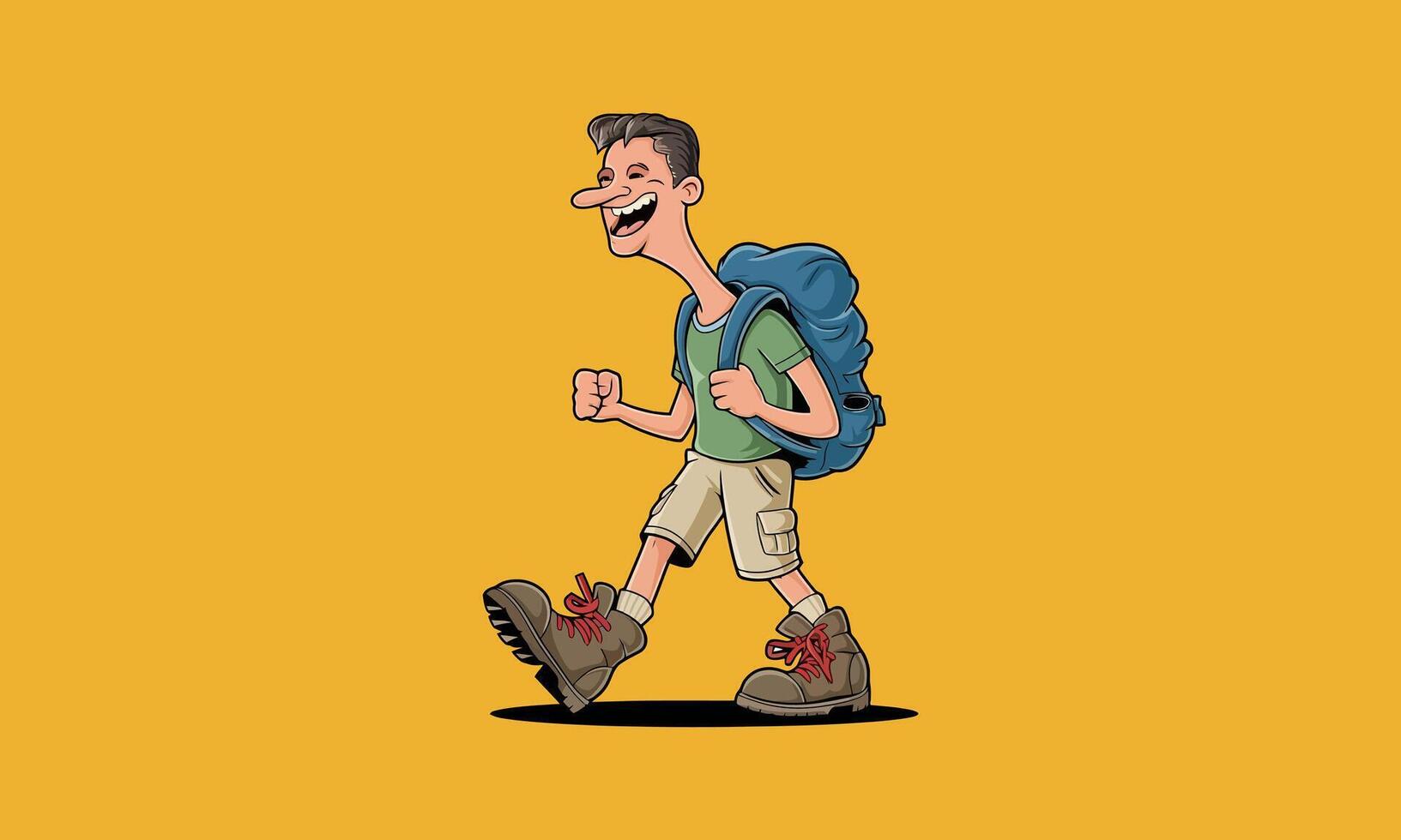 Happy hiker with backpack and hiking boots walking vector
