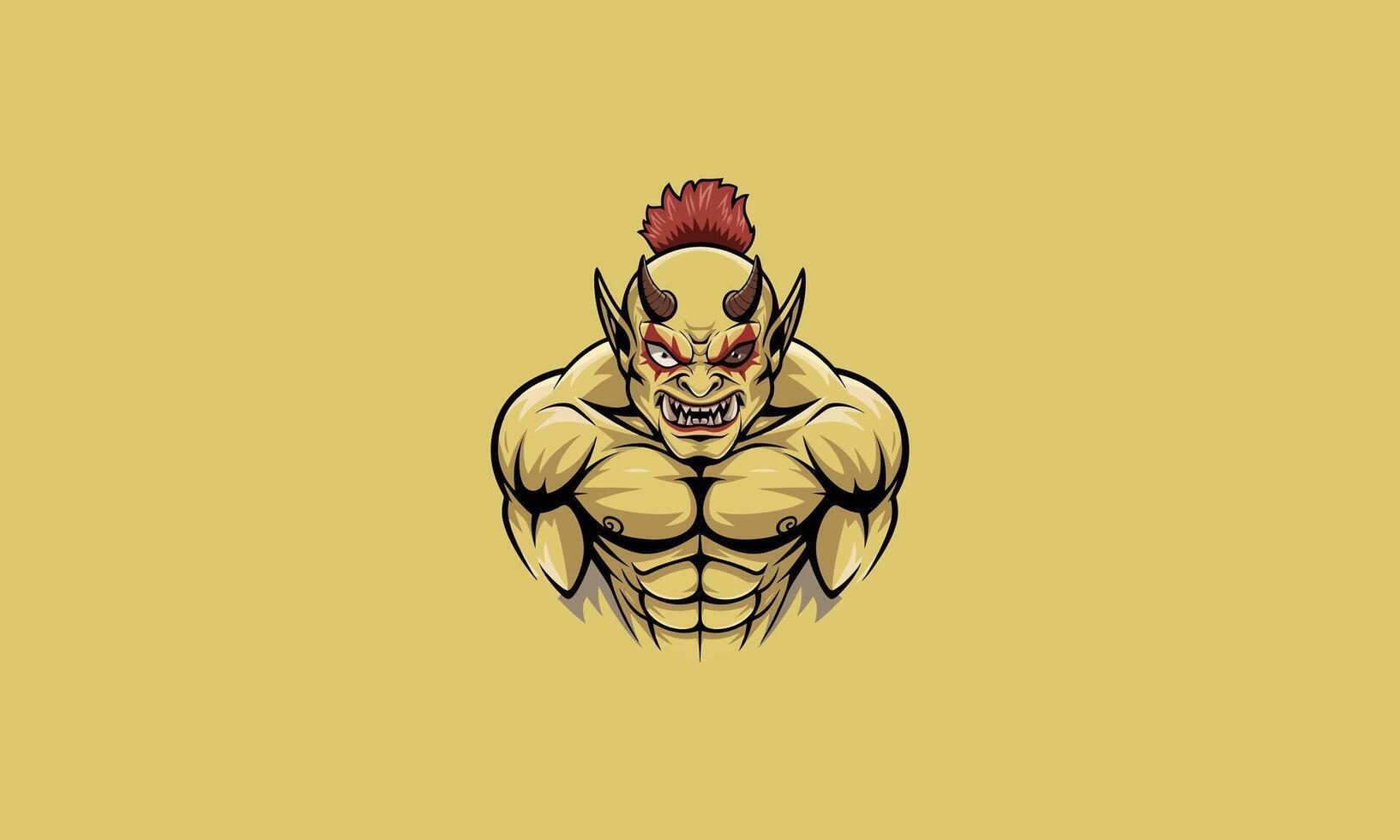 Fierce horned demon with muscular build on yellow background vector