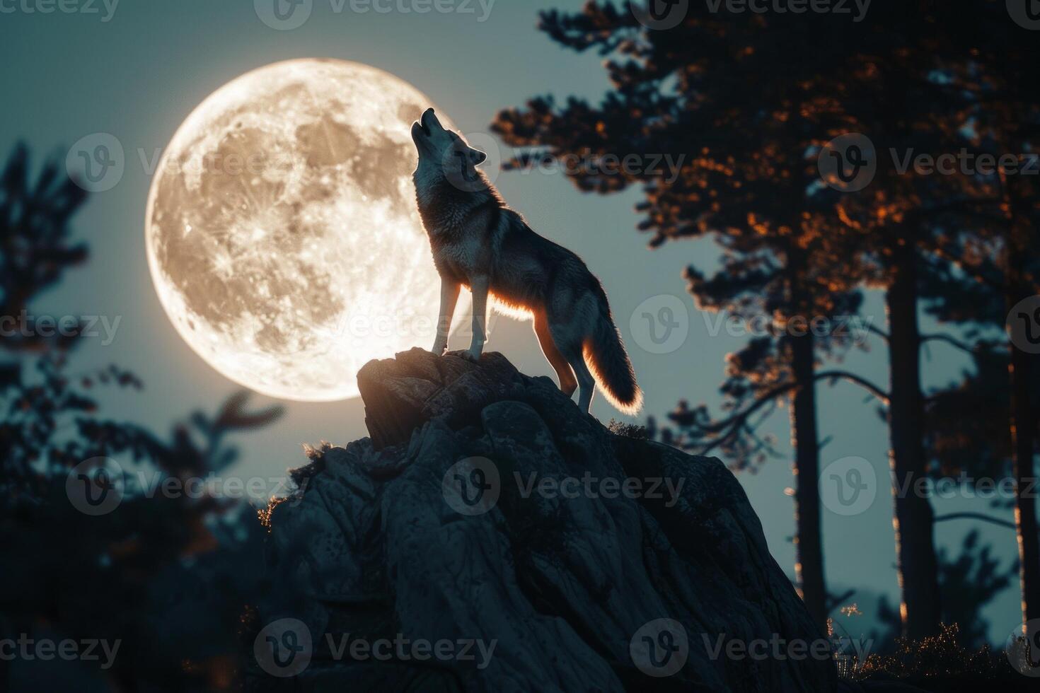 Silhouette of howling wolf against dark toned foggy background and full moon or Wolf in silhouette howling to the full moon. Neural network photo