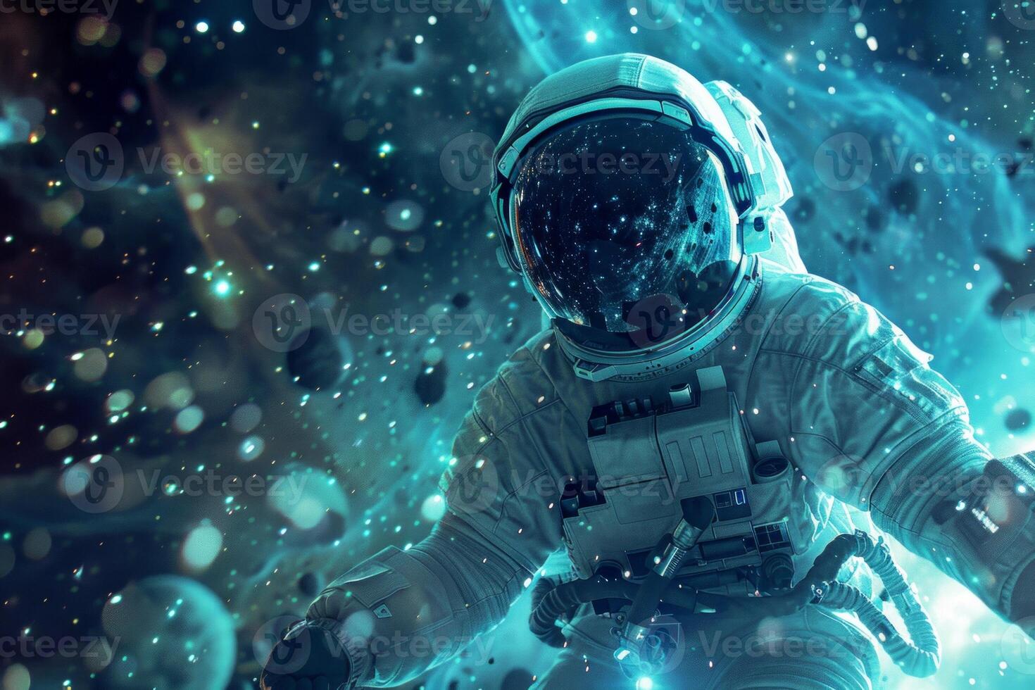 Portrait of Astronaut Posing in a Space Suit During a Spacewalk Mission on a Spaceship. Neural network photo
