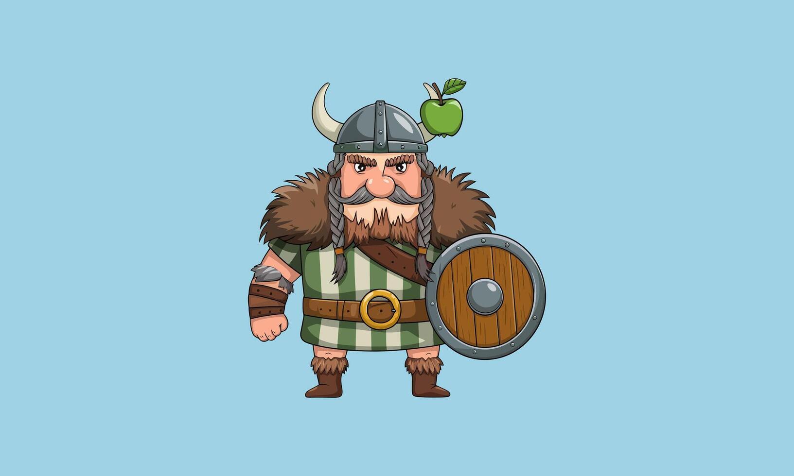 Cartoon Viking warrior holding a shield with an apple. vector