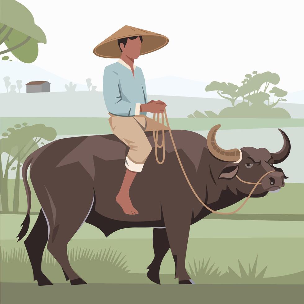 Asian Farmer Riding Water Buffalo in Rice Field vector