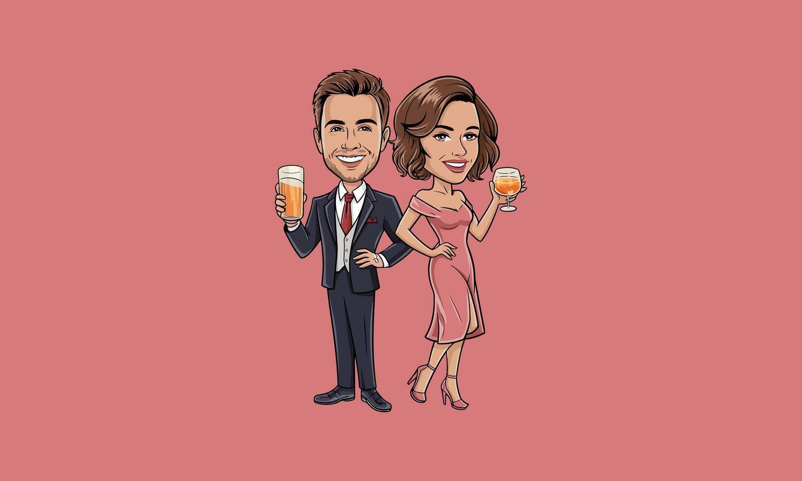 Elegant couple holding drinks in a cartoon style. vector
