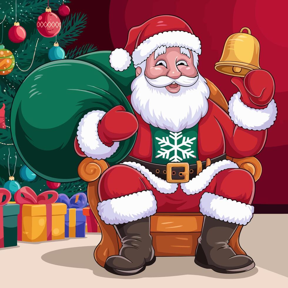 Santa Claus sitting with gifts and bell by Christmas tree vector