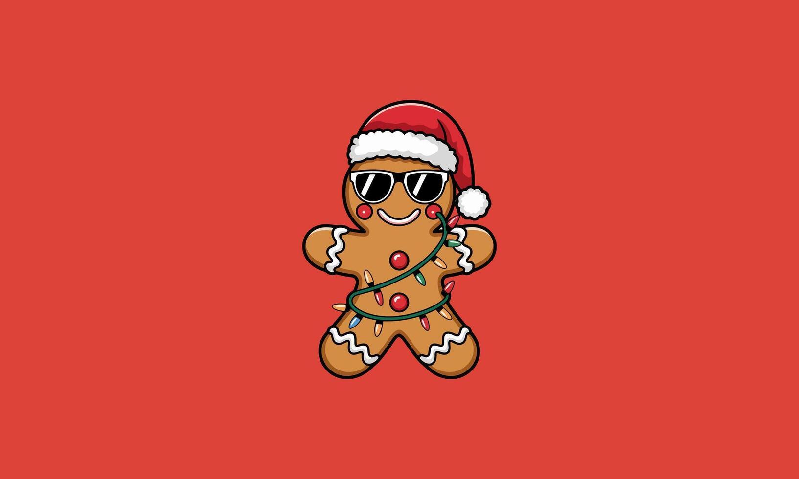 Cool gingerbread man in Santa hat with lights cartoon . vector