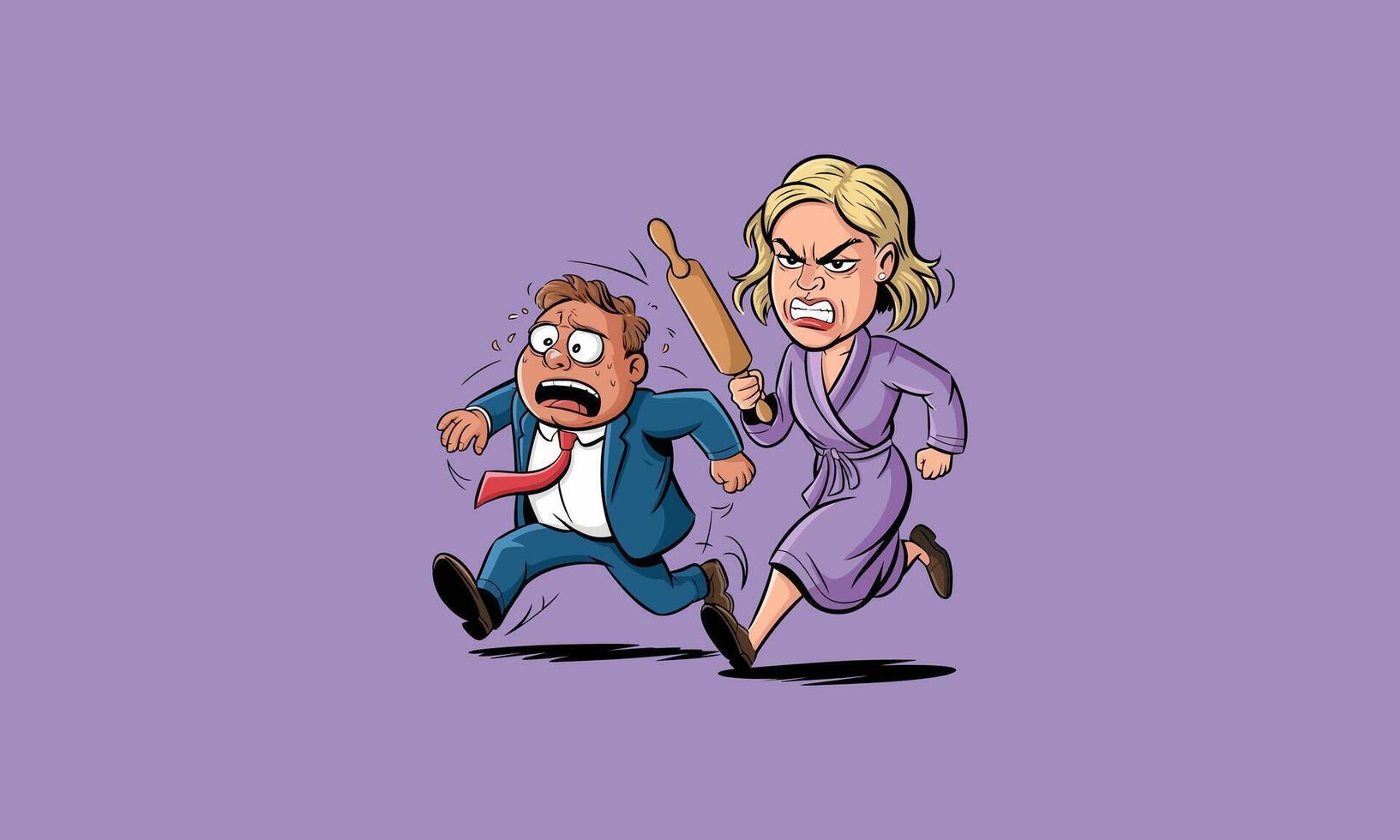 Angry woman chasing scared man with rolling pin vector