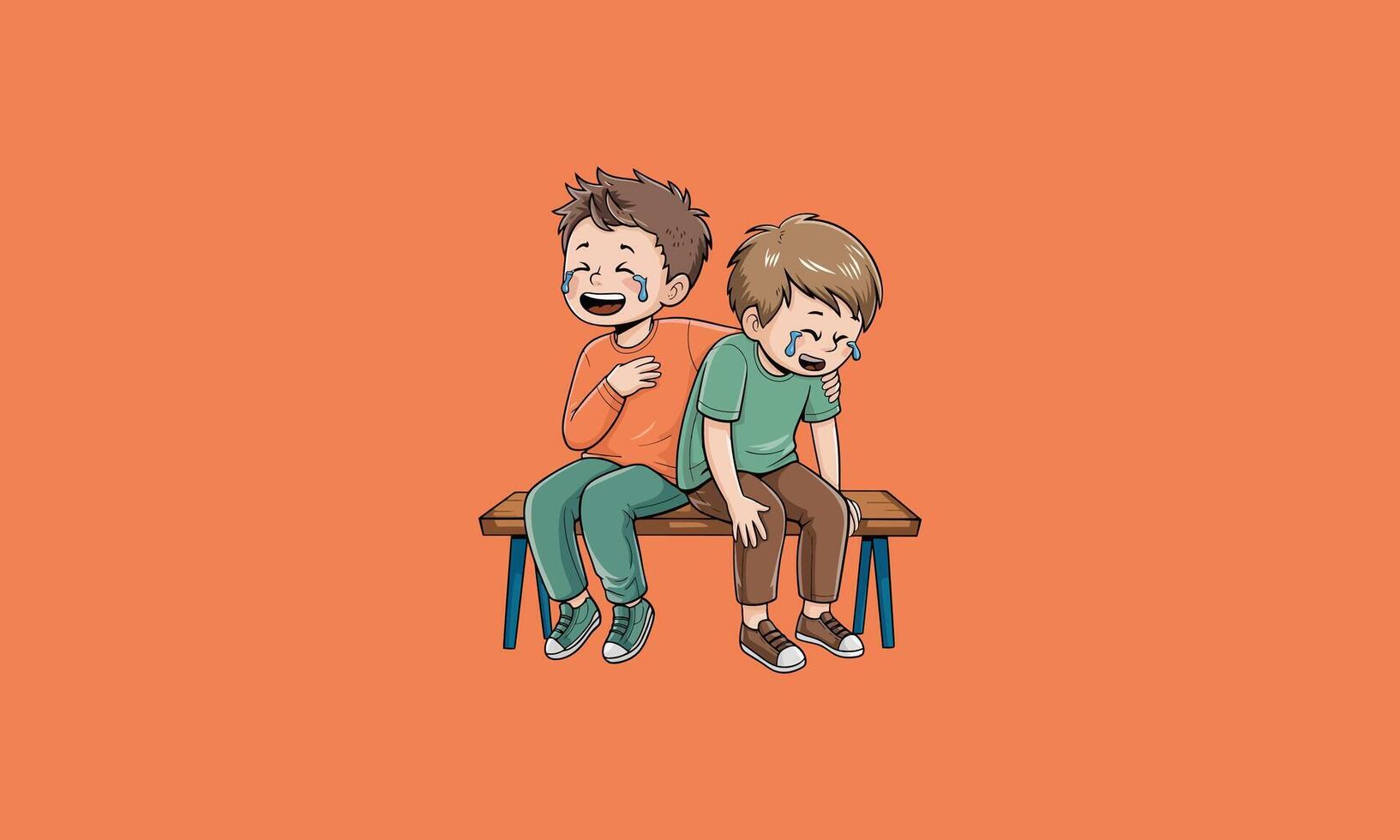 Two boys laughing together on a bench cartoon . vector