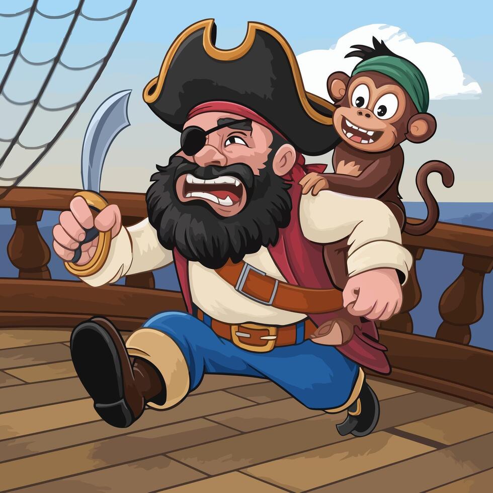 Pirate Captain with Pet Monkey on Ship Deck vector