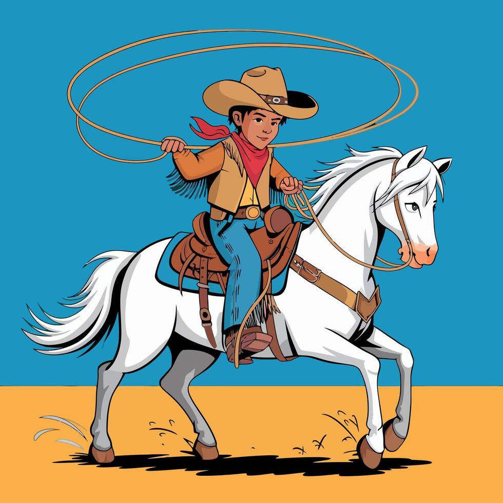 Cowboy on a horse swinging a lasso in a desert scene. vector