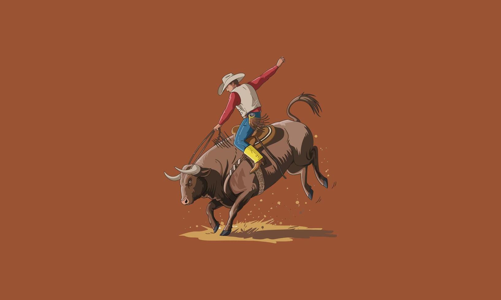 Rodeo cowboy riding a bucking bull in action. vector