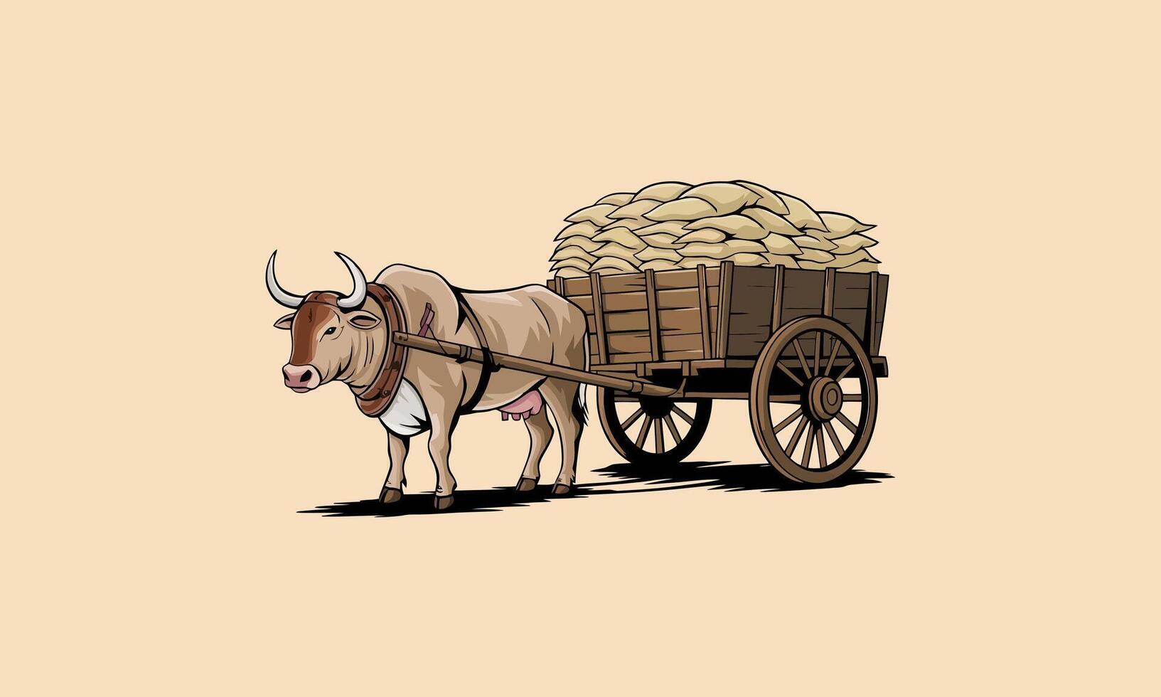 Ox pulling a wooden cart loaded with sacks. vector