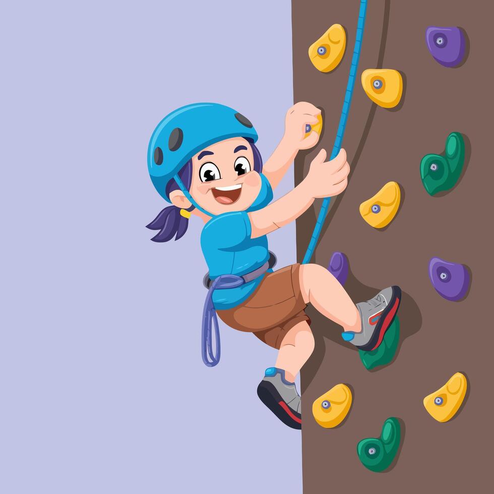 Girl rock climbing with safety gear and a joyful smile vector