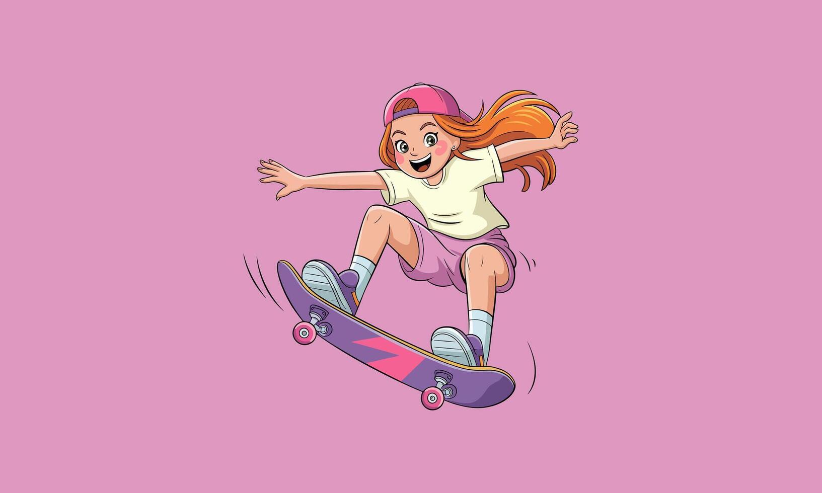 Excited girl skateboarding and performing tricks vector