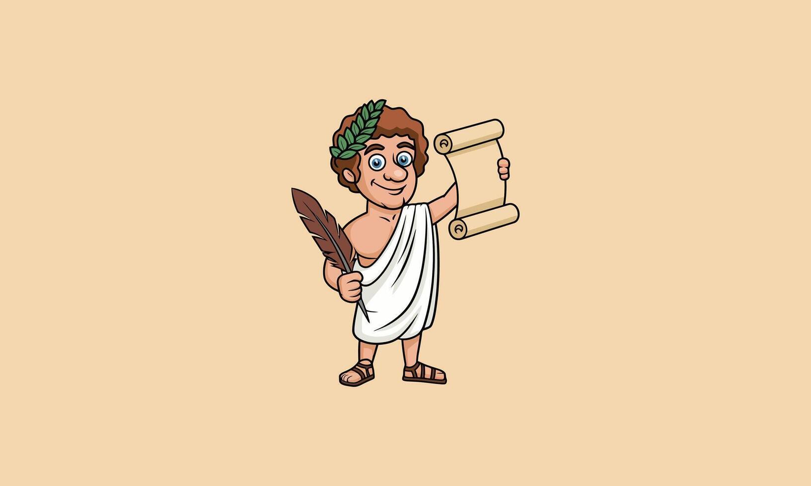 Ancient scholar with scroll and quill cartoon illustration. vector