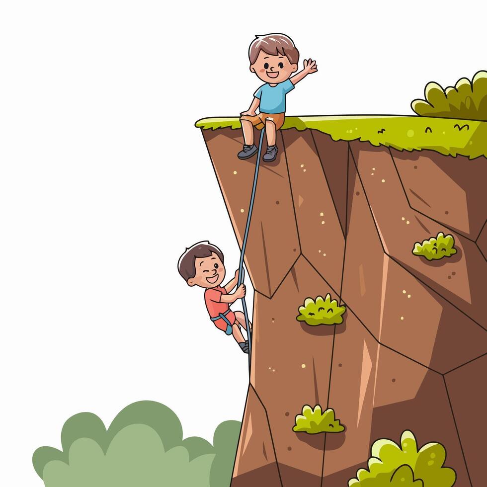 Kids rock climbing with rope on a cliffside vector