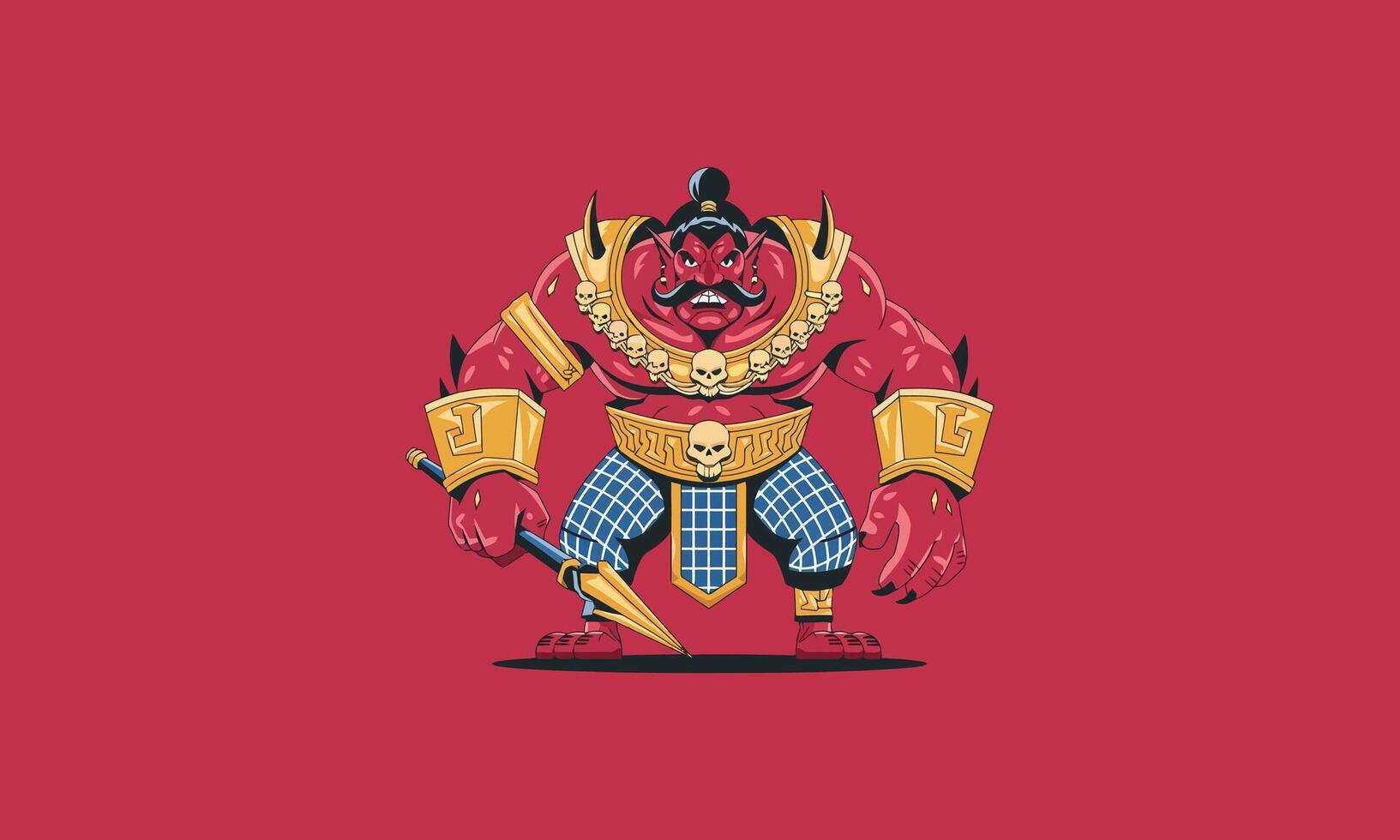 Fierce red demon warrior holding a spear with skull armor. vector