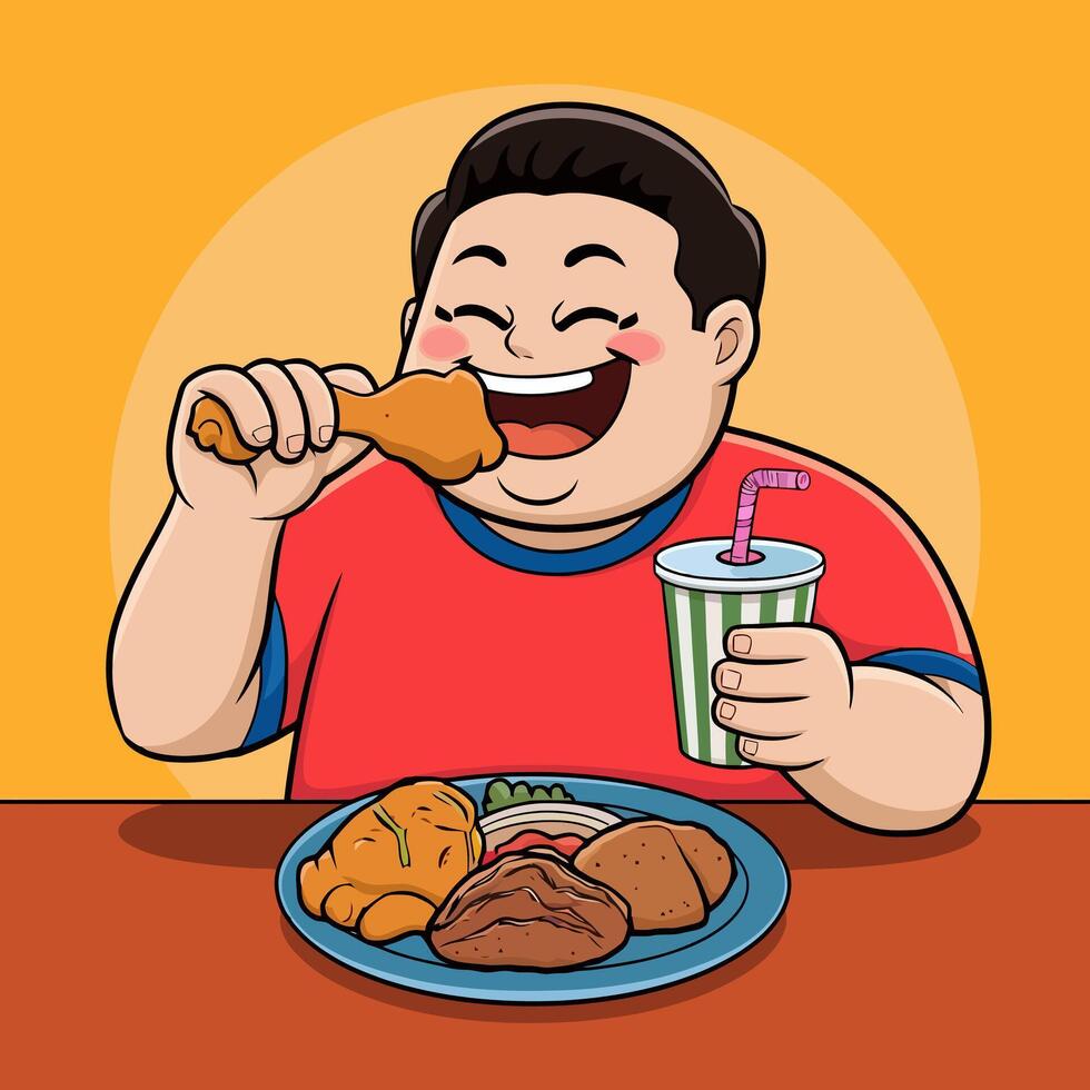 Happy boy eating fried chicken with a drink and meal vector