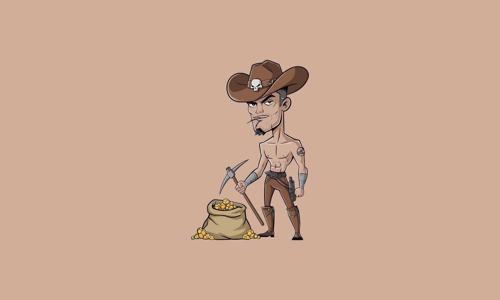 Rugged cowboy miner with pickaxe and bag of gold. vector