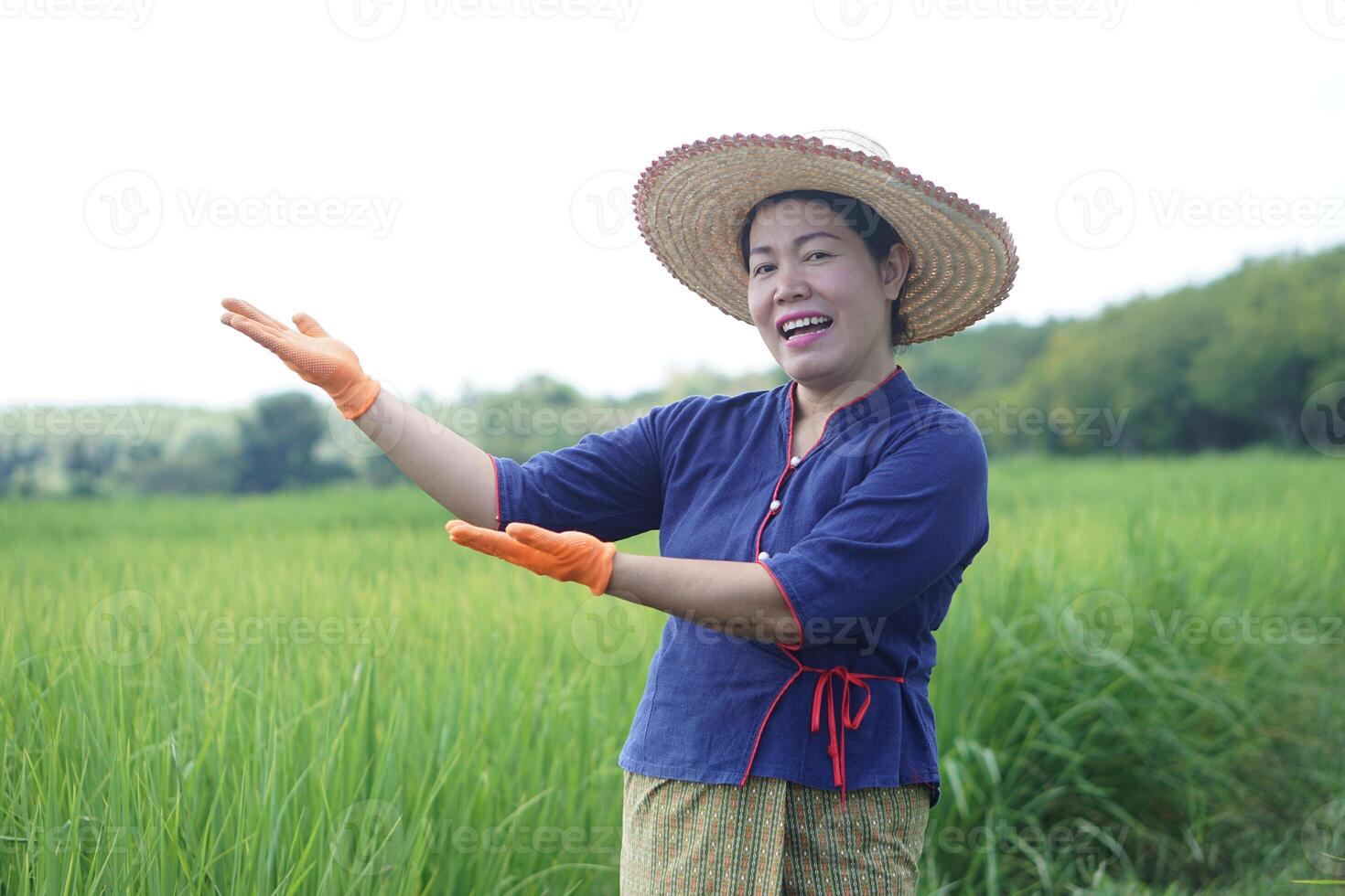 Happy Asian woman farmer is at paddy field, wear hat and gloves. Raise hands up gesture with confident and satisfied. Concept, agriculture occupation. Thai farmer. photo