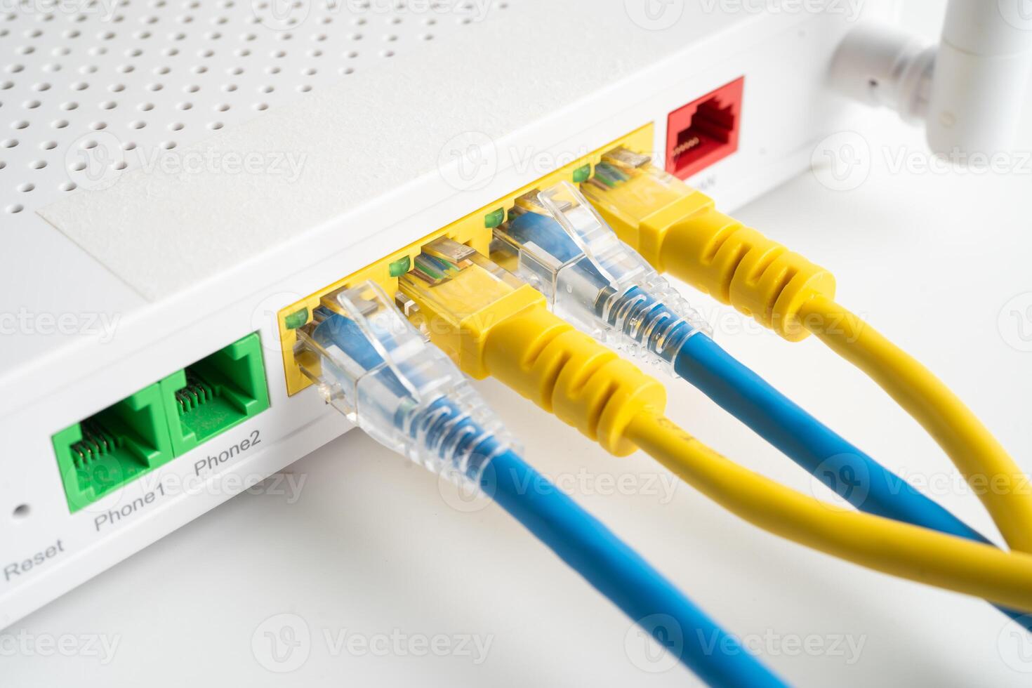 Ethernet cable with wireless router connect to internet service provider internet network. photo