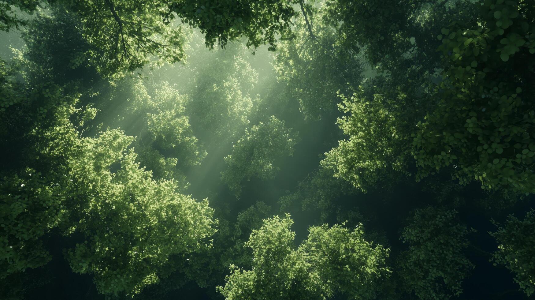 A beautiful, lush green forest with sunlight streaming through the trees, creating a serene and peaceful atmosphere. The sunlight is casting a warm glow on the leaves photo