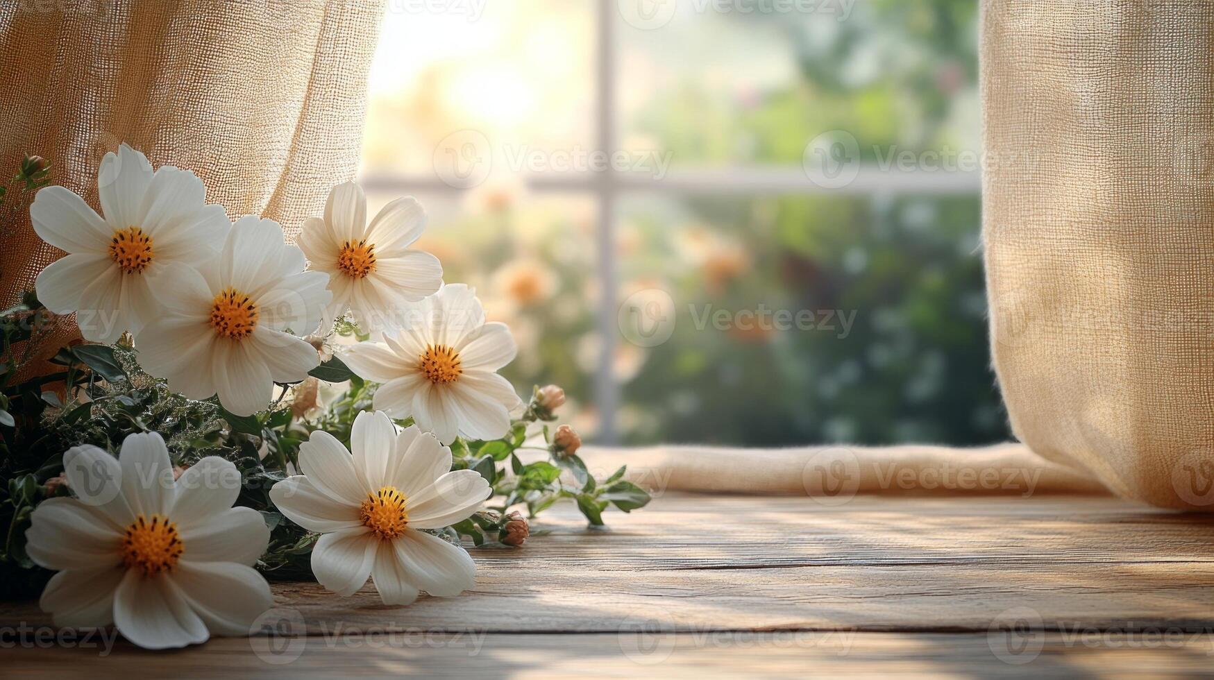 White flowers on a window sill with sunlight photo