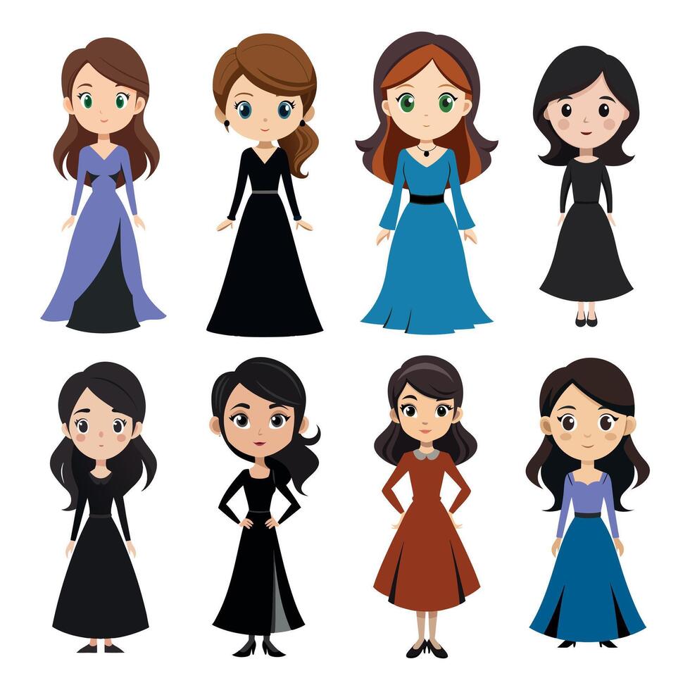 A set of cartoon women in different dresses vector