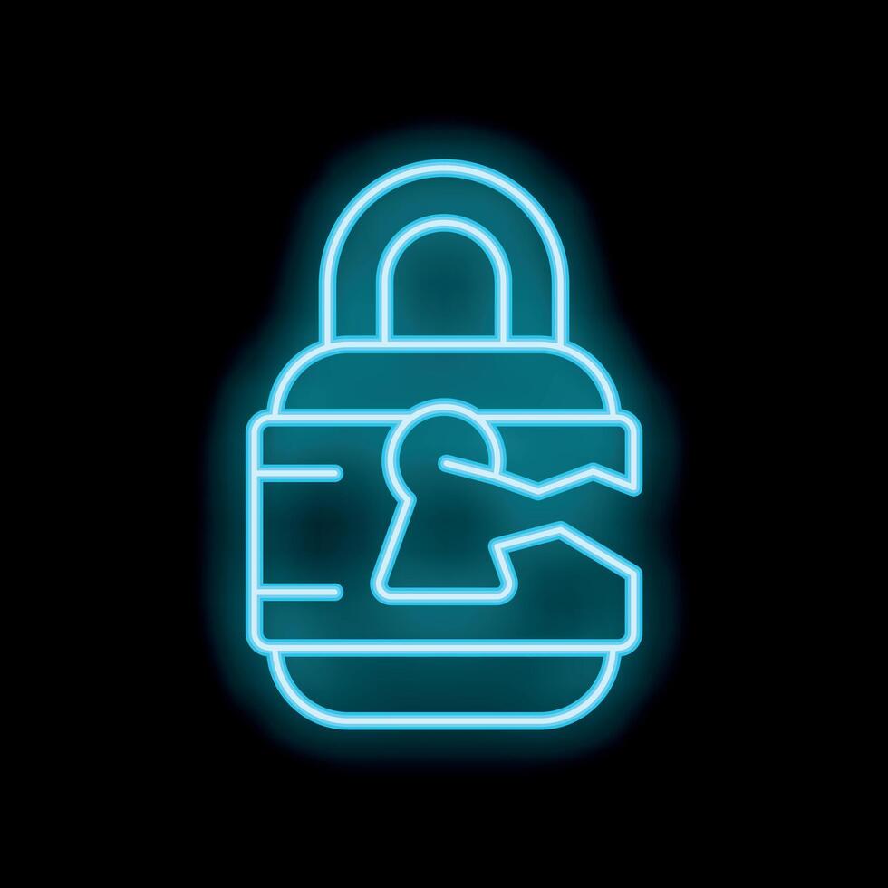 Neon padlock breaking showing loss of security and privacy vector