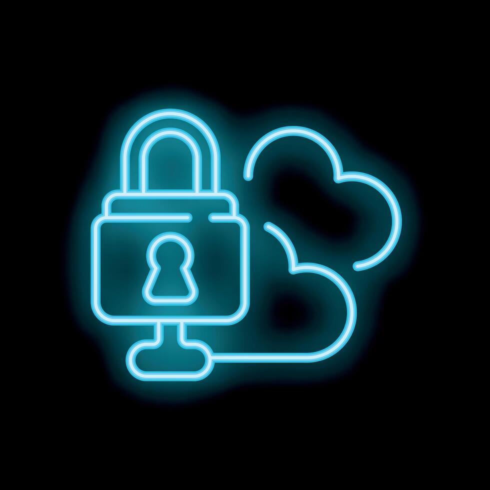 Neon padlock icon representing cloud computing security vector