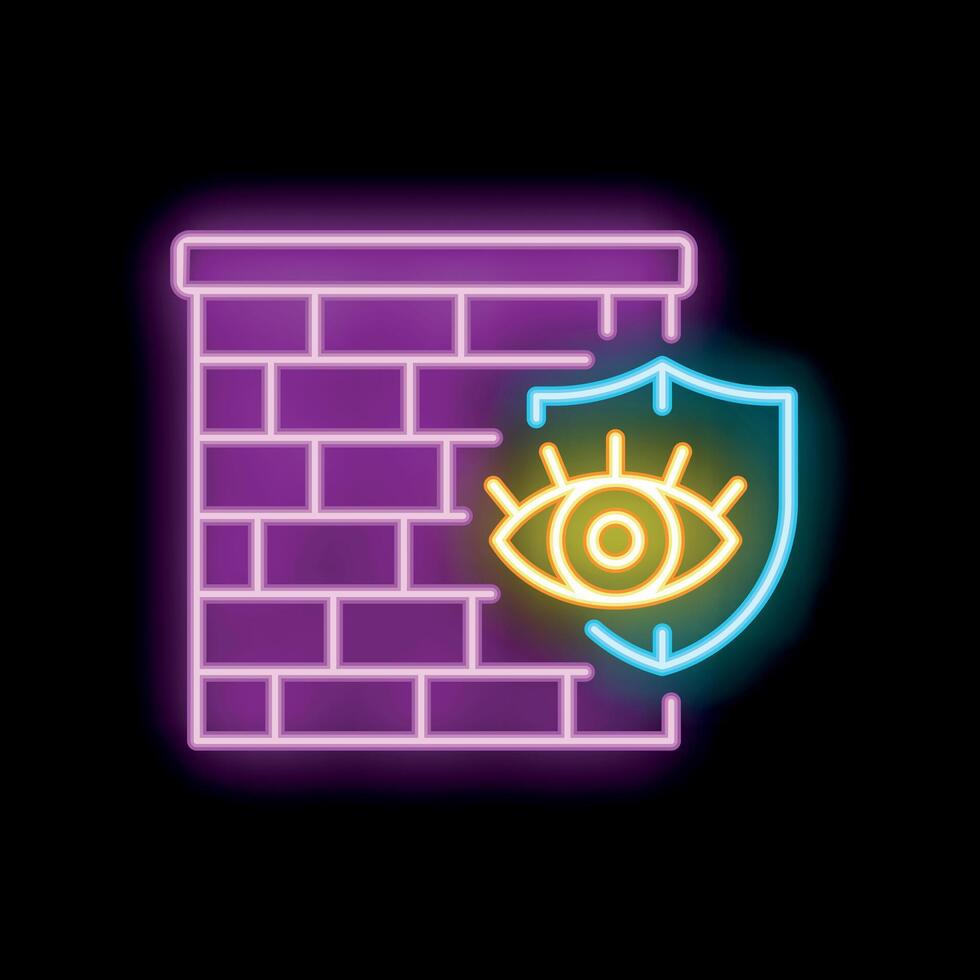 Neon firewall icon protecting data with shield and eye symbol vector