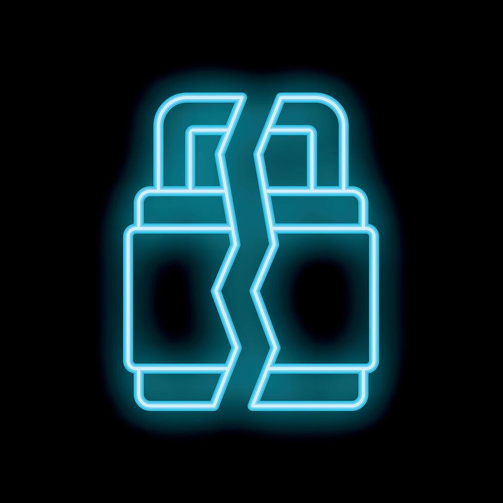 Neon blue broken padlock cyber security icon representing data breach vector