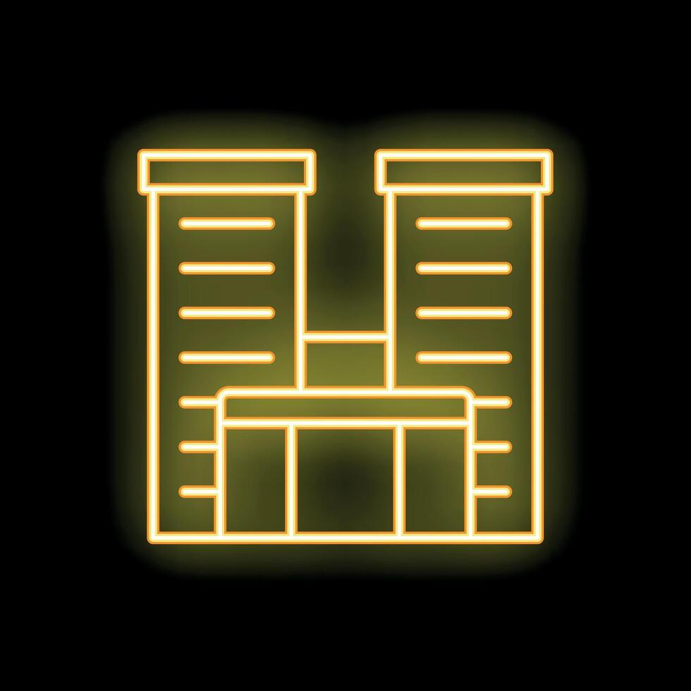 Glowing yellow neon icon of a building at night vector