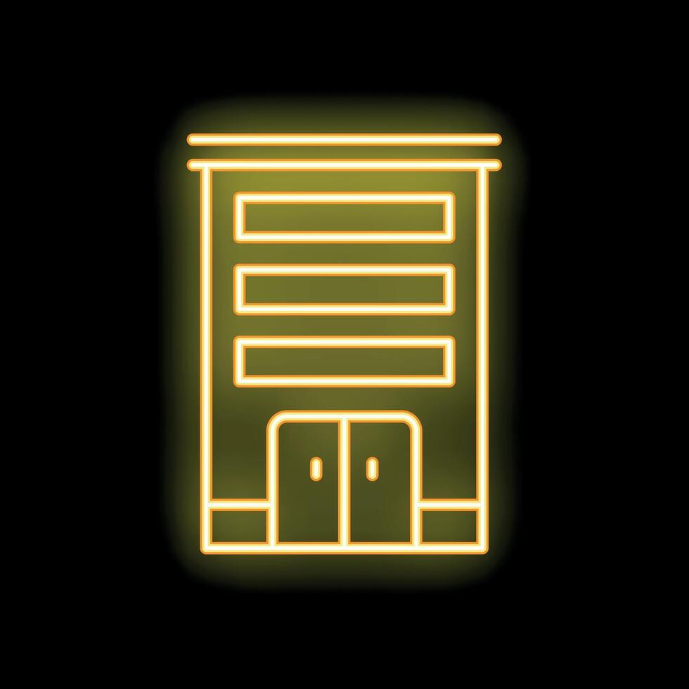 Yellow neon sign of an office building with glowing windows and doors on a black background vector