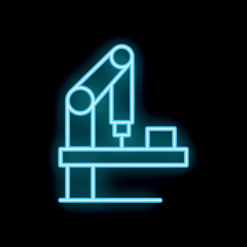 Blue neon robotic arm working on production line icon vector