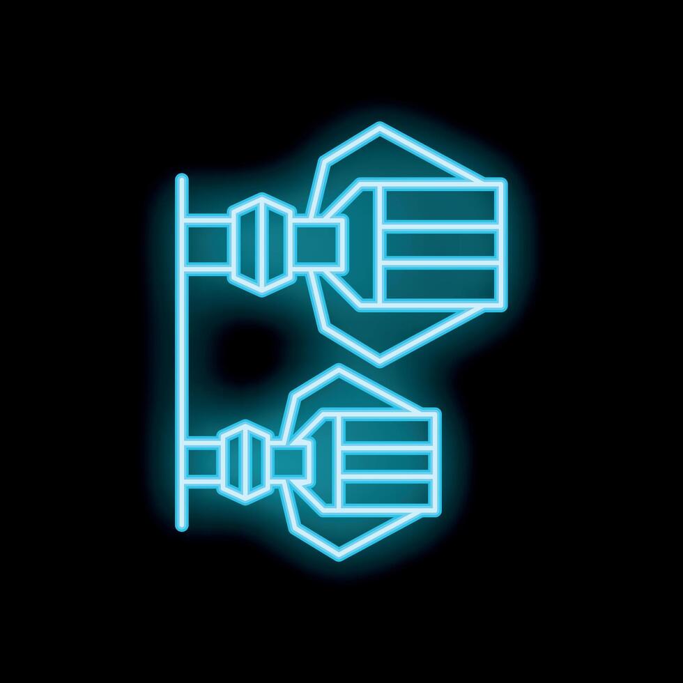 Neon icon of two cable cars connected to cableway on black background vector